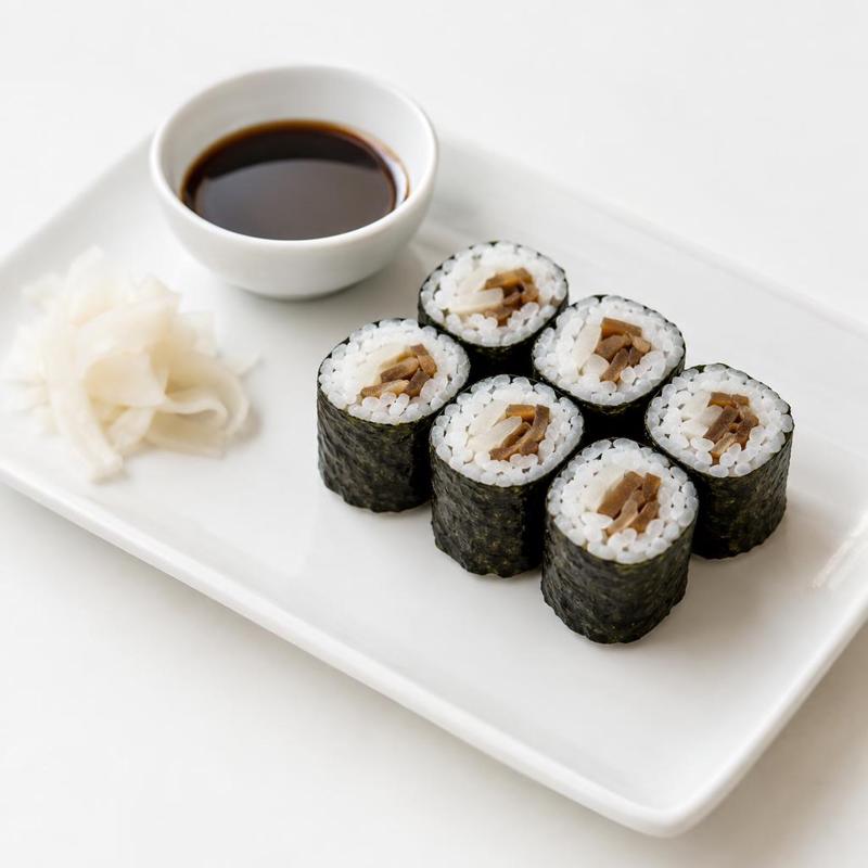 Wegańskie rolki sushi z piklowaną rzodkwią i duszonym kanpyo