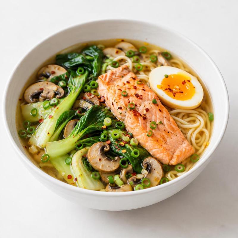 Ramen z łososiem i jajkiem w imbirowym bulionie