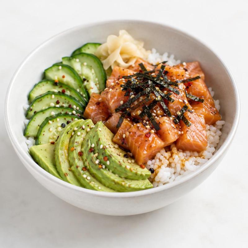 Sushi bowl z łososiem w sosie imbirowo-sojowym