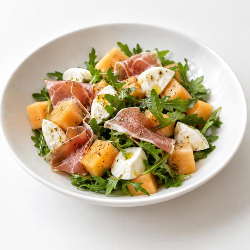 Melon z rukolą, mozzarellą i podsmażanym prosciutto