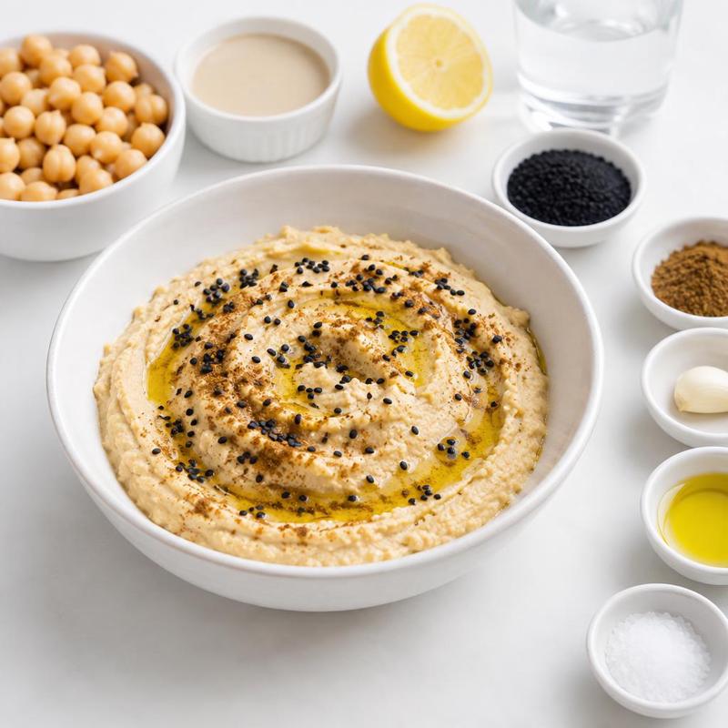 Kremowy hummus z tahini i cytryną, posypany czarnuszką