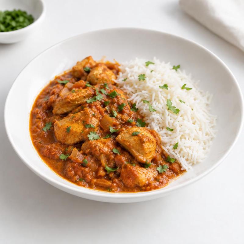 Kurczak curry z kuminem i jogurtem, z ryżem basmati