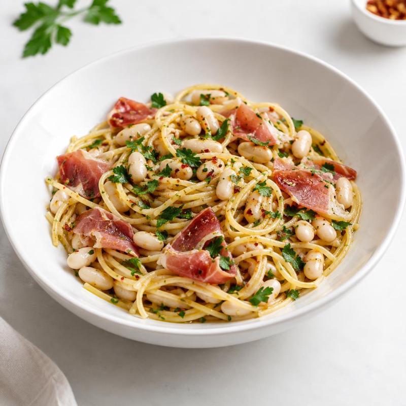 Spaghetti z prosciutto, białą fasolą, natką i chili