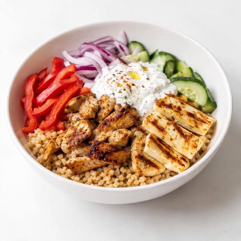 Kurczak gyros z rumianym halloumi, ogórkiem i czosnkowym jogurtem