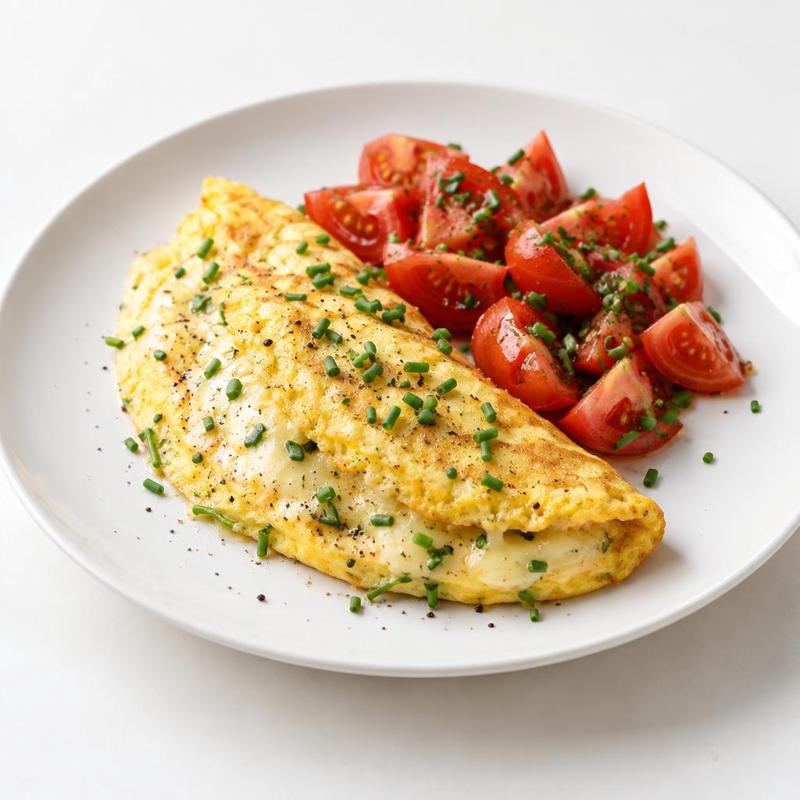 Złożony omlet z roztopioną goudą i pomidorem