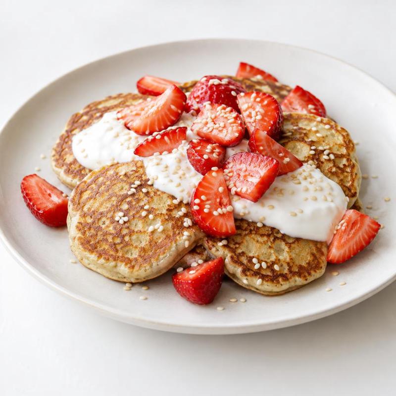 Bananowe pancakes z kleksem skyru, truskawkami i sezamem