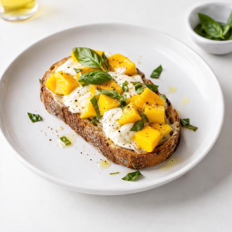 Opiekane kromki z roztopioną mozzarellą i mango z bazylią