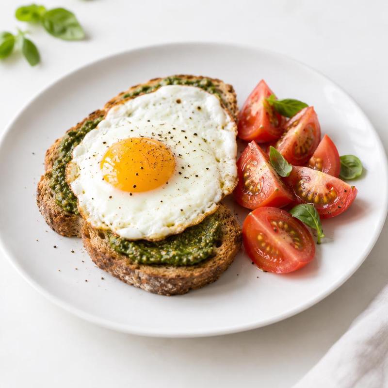 Jajka sadzone na chrupiącym pieczywie z bazyliowym pesto i pomidorem