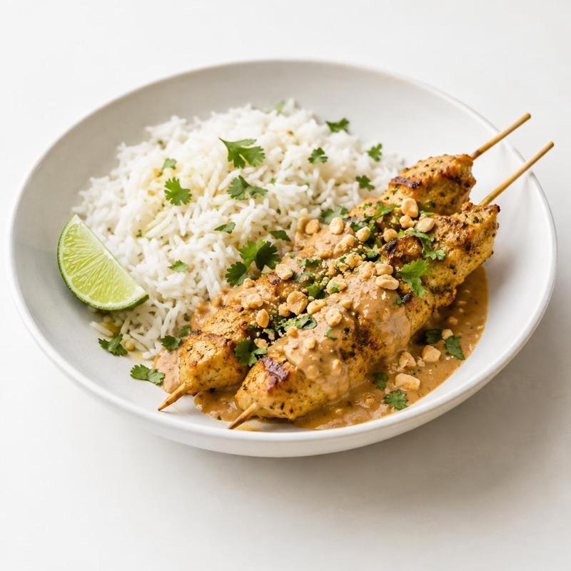 Kurczak satay z ryżem i sosem orzechowo-limonkowym