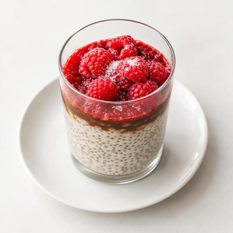 Chia na napoju sojowym z espresso, pod warstwą malin
