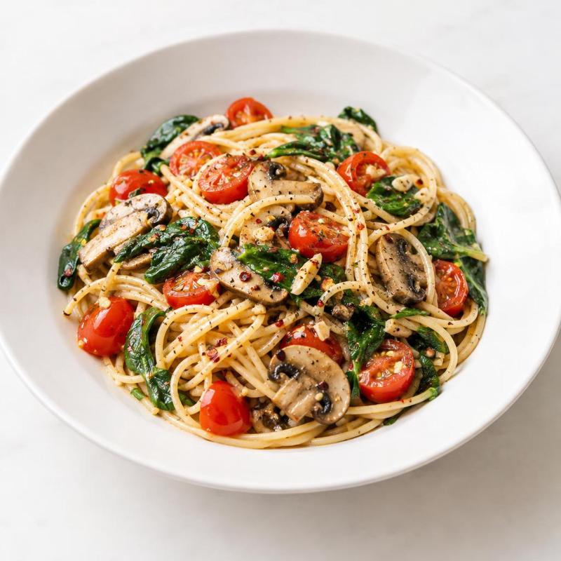 Spaghetti z warzywami w sosie czosnkowym z chili