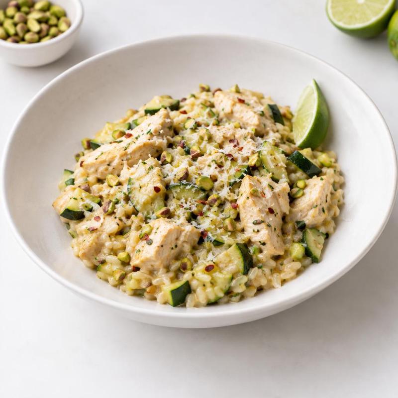 Cytrusowe risotto drobiowe z cukinią i pistacjami