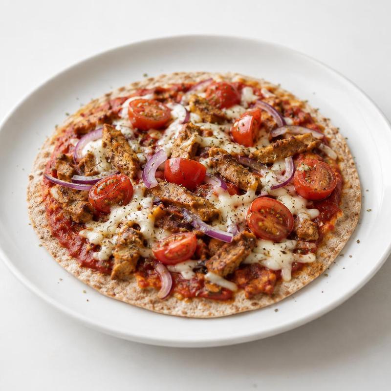 Patelniowa pizza z roślinnym gyrosem i pomidorkami