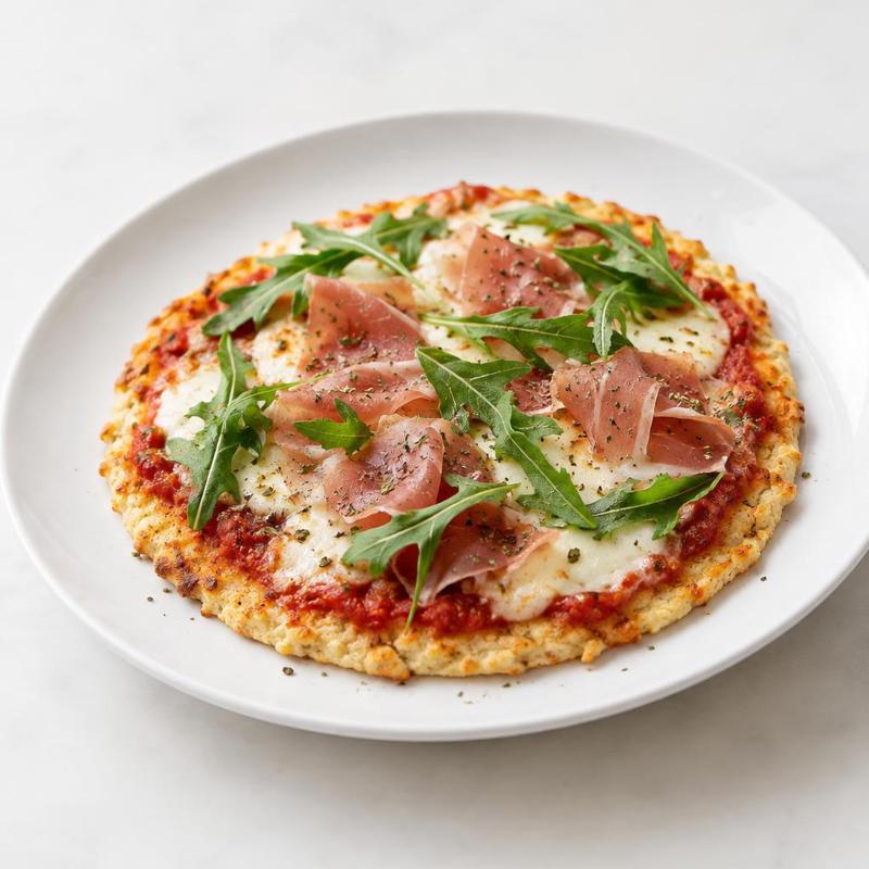 Pizza z prosciutto i rukolą na cieście z twarogu