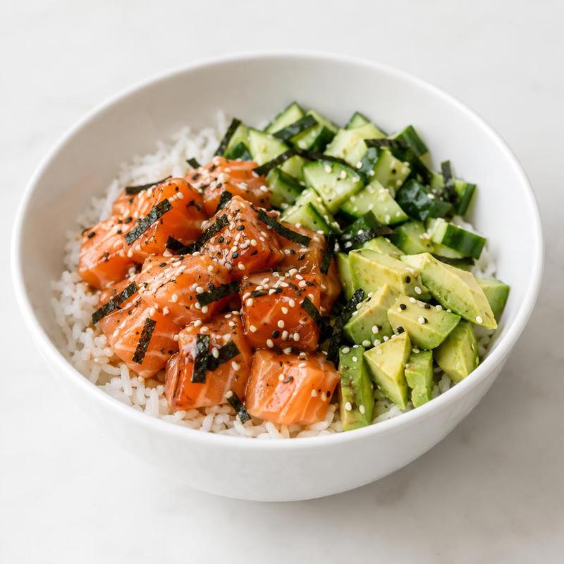 Sushi bowl z łososiem w sosie sojowym i ogórkiem