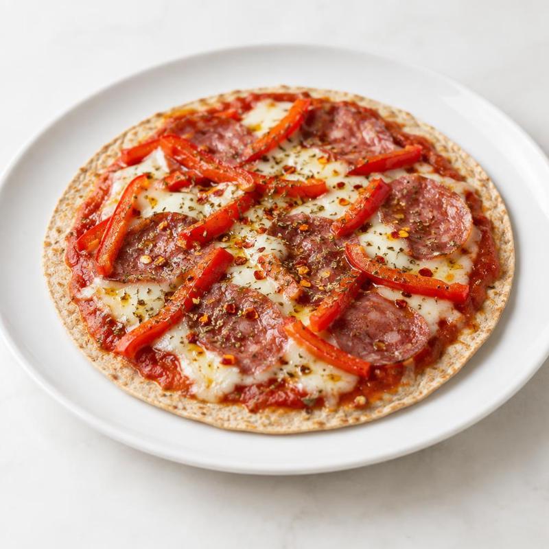 Pizza na tortilli z salami i sosem chili