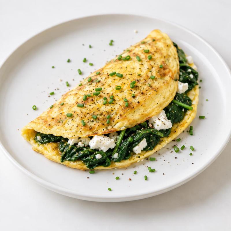 Delikatny omlet szpinakowy z kozim twarożkiem i szczypiorkiem