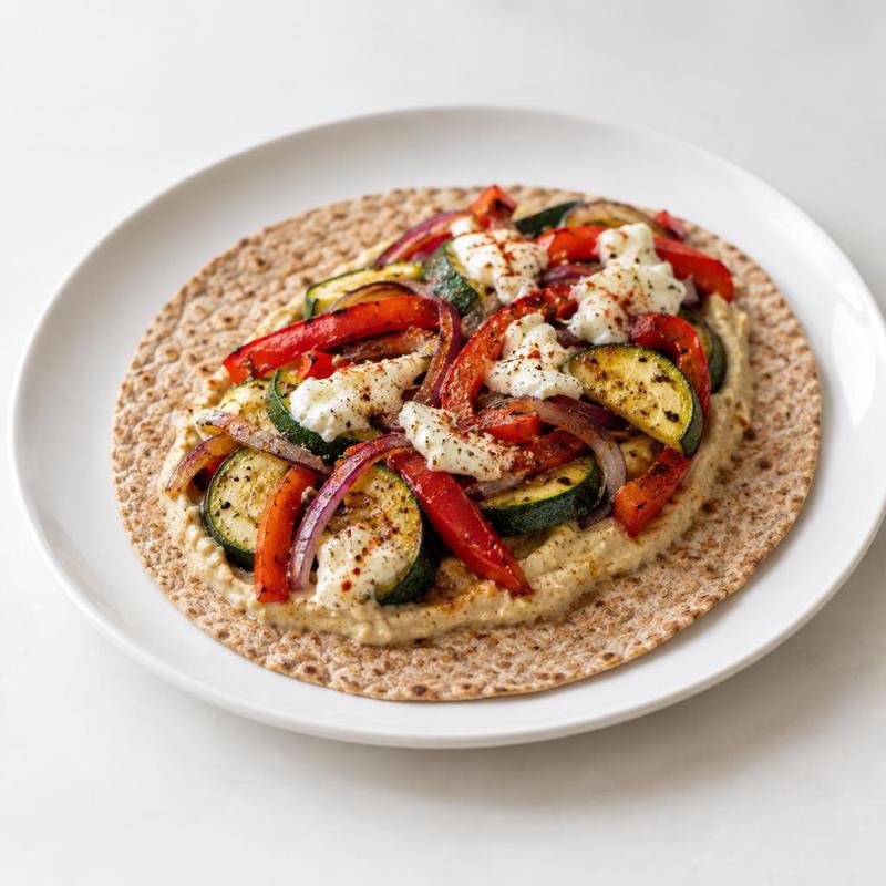 Pełnoziarnista tortilla z pieczoną papryką, cukinią i hummusem