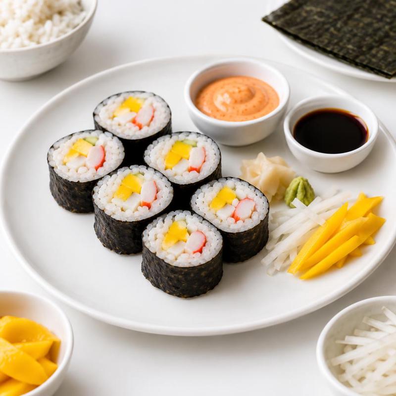 Futomaki z mango, surimi i marynowaną rzodkwią