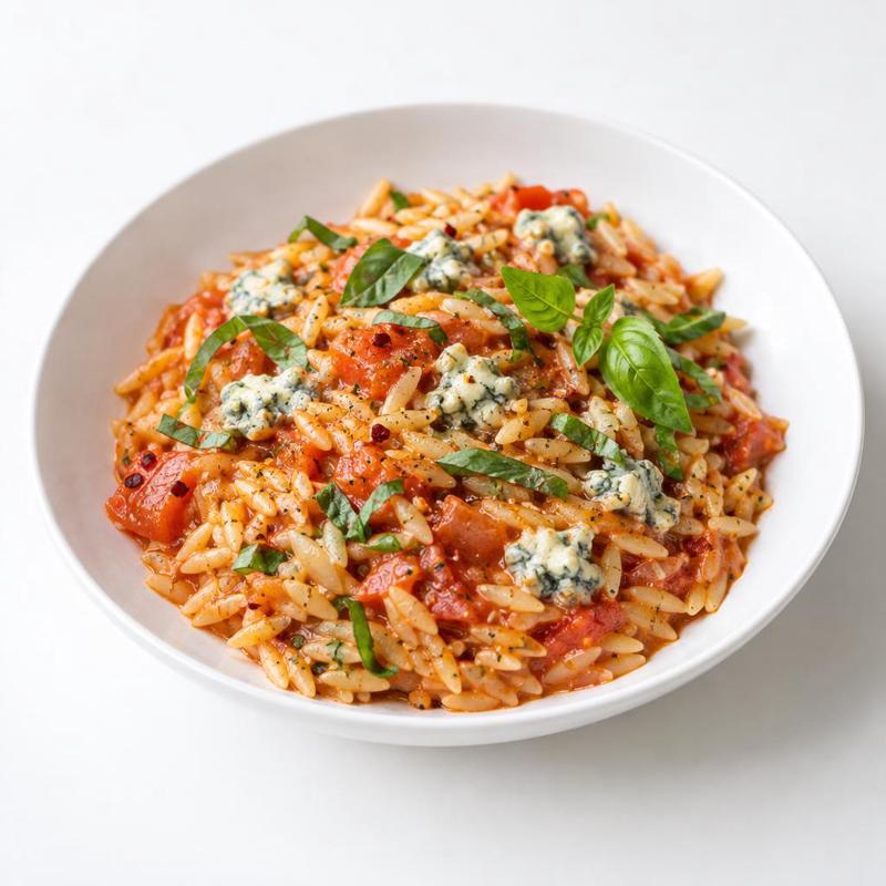 Orzo w świeżym sosie pomidorowym z gorgonzolą i bazylią