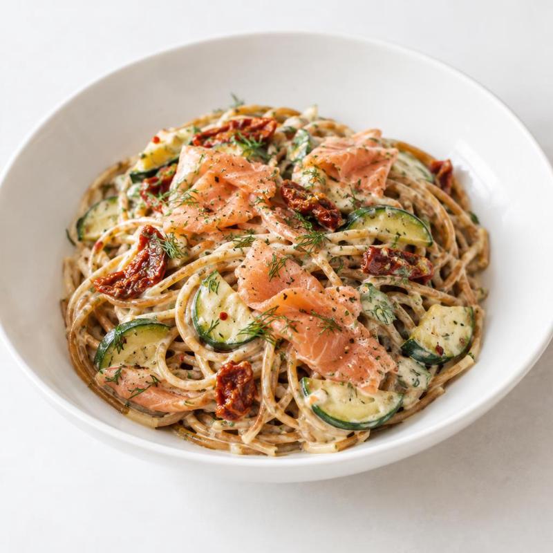 Pełnoziarniste spaghetti z cukinią, suszonymi pomidorami i łososiem