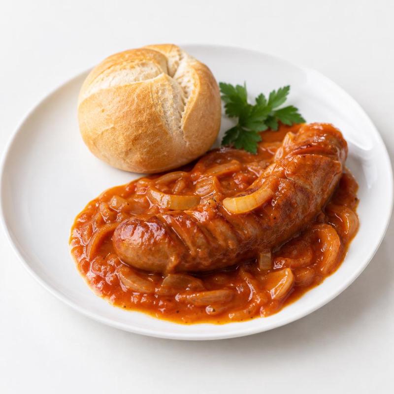 Currywurst ze śląskiej kiełbasy z pszenną bułką