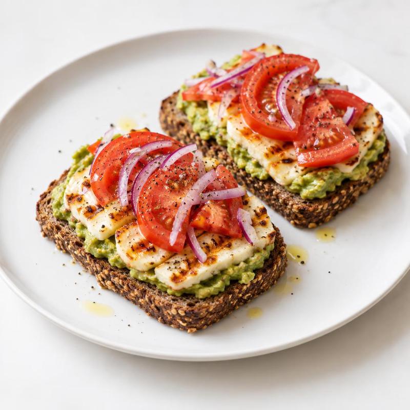 Chrupiące halloumi na żytnim chlebie z awokado i pomidorem