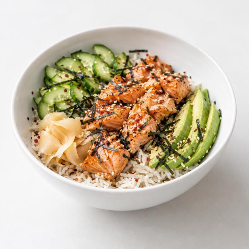 Bowl sushi z pieczonym łososiem w imbirowej marynacie