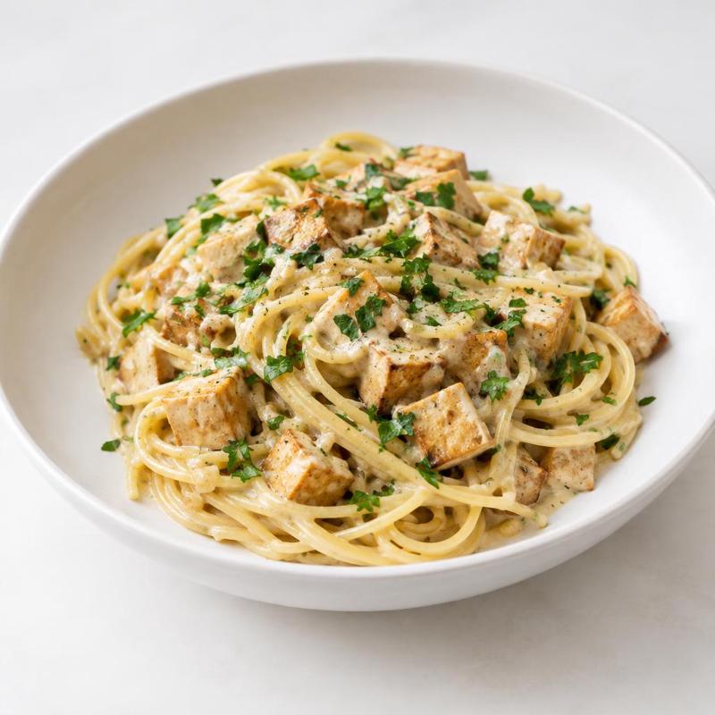 Spaghetti z wędzonym tofu w sosie czosnkowym