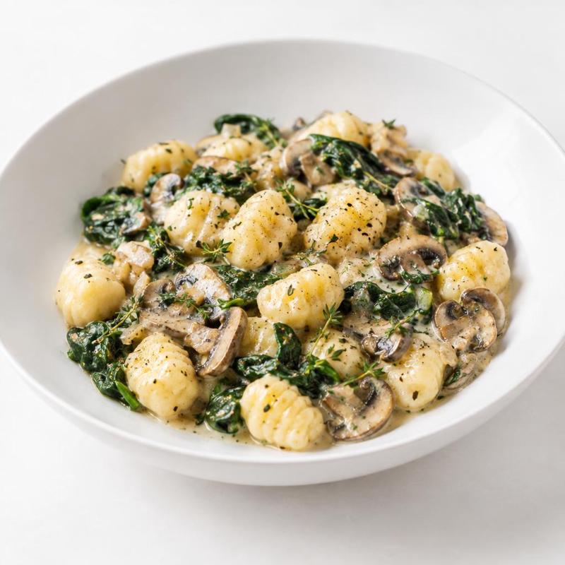 Ziemniaczane gnocchi ze szpinakiem, pieczarkami oraz tymiankiem
