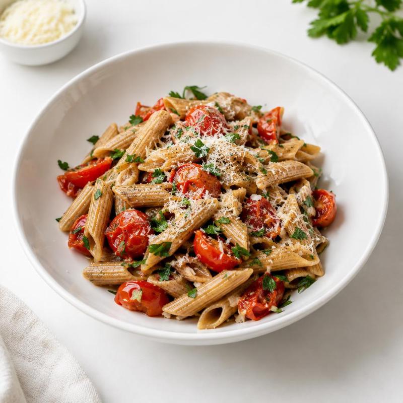 Makaron z pomidorkami koktajlowymi, czosnkiem i parmezanem