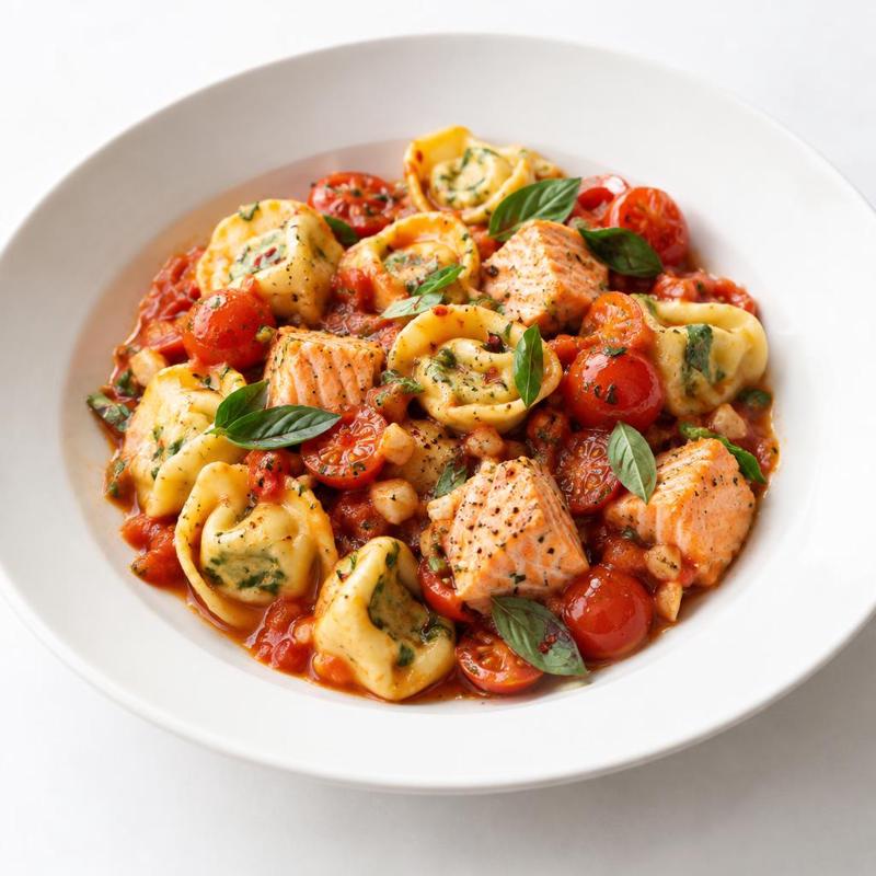Tortelloni z łososiem w sosie pomidorowym z bazylią