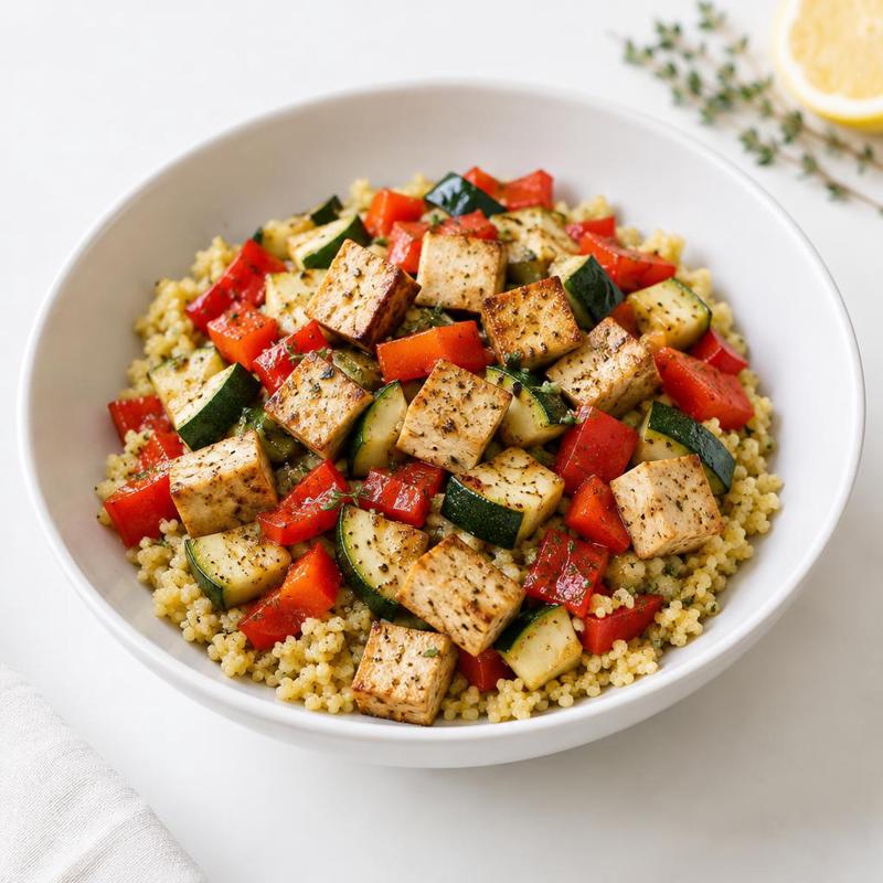 Grillowane tofu wędzone z cukinią i papryką na kaszy jaglanej