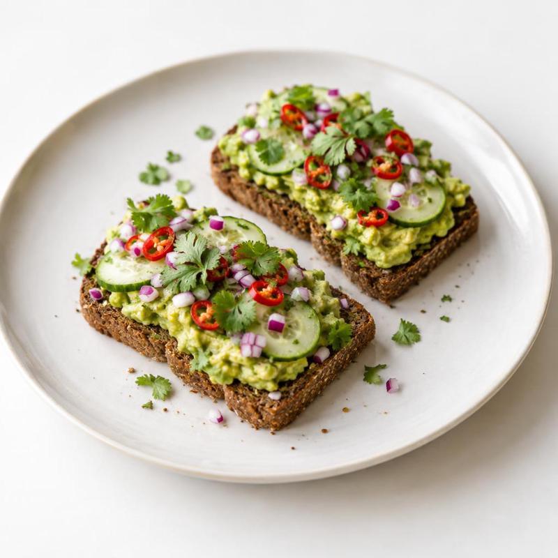 Guacamole i ogórek na grzankach z chleba razowego