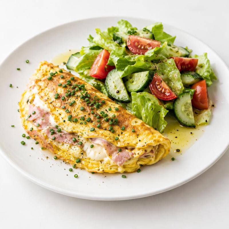 Puszysty omlet szynkowy z warzywną sałatką