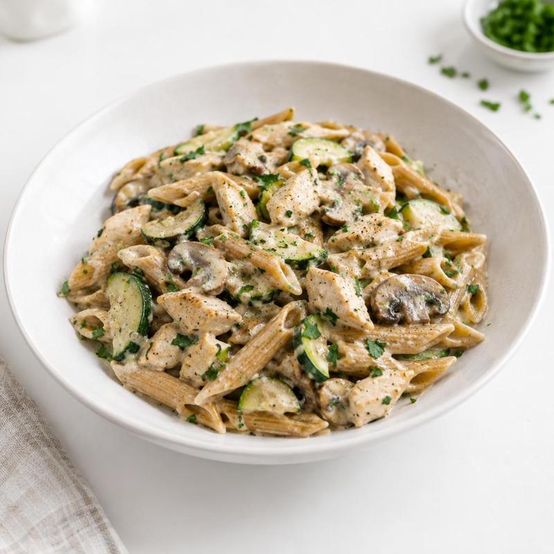 Penne z pieczarkami i kurczakiem w sosie jogurtowo-czosnkowym