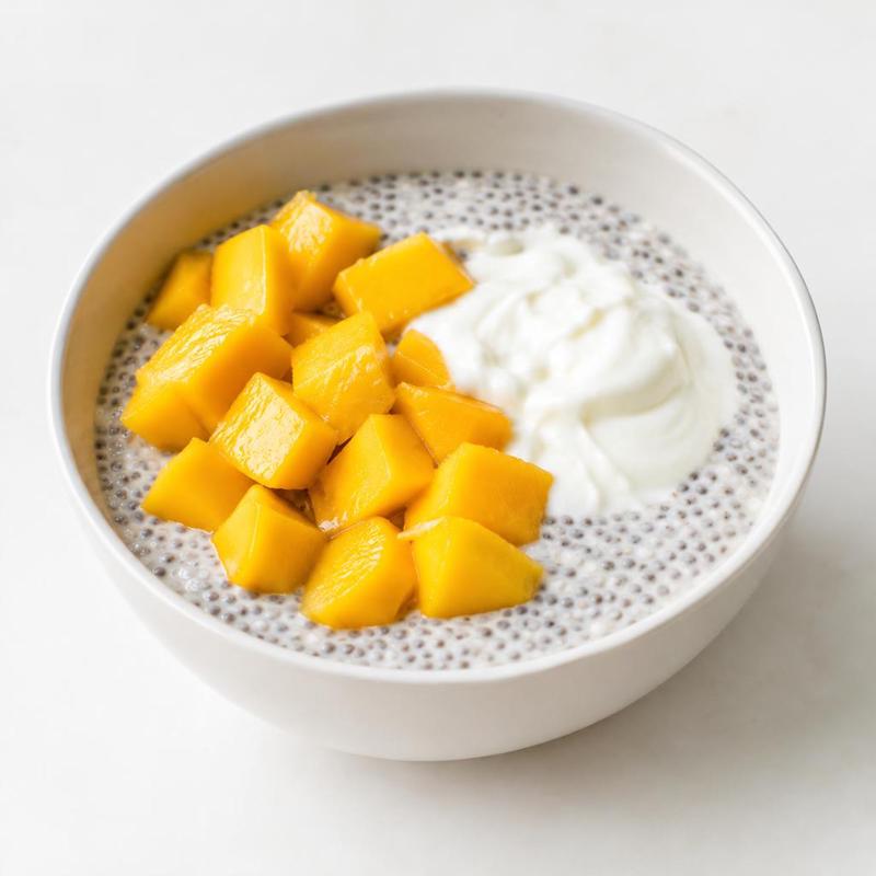 Chia na mleku z kawałkami mango i jogurtem