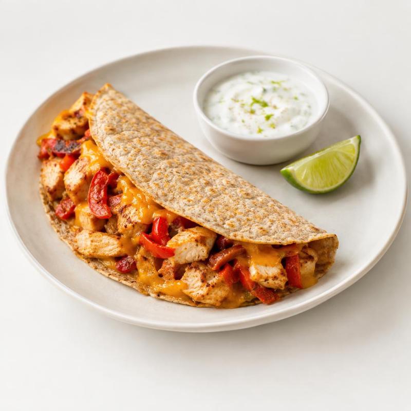 Tortilla zapiekana z kurczakiem, papryką i cheddarem