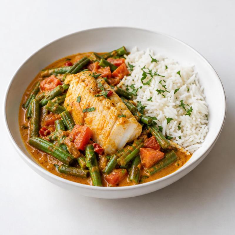 Curry z dorsza z fasolką w sosie kokosowo-pomidorowym