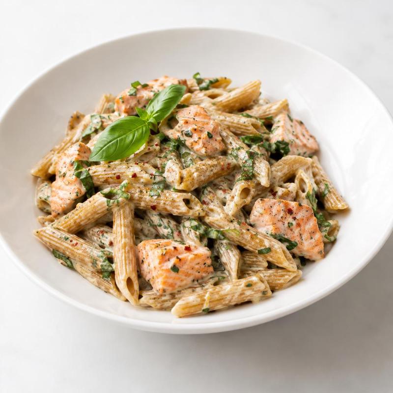 Penne z łososiem w bazyliowym sosie serowym