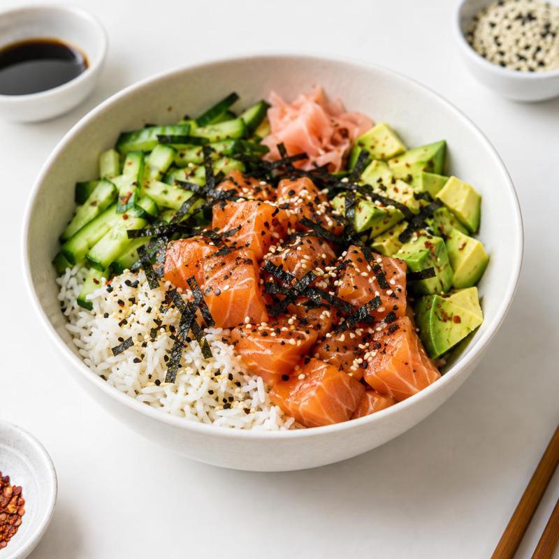 Miska sushi z łososiem, awokado i nori