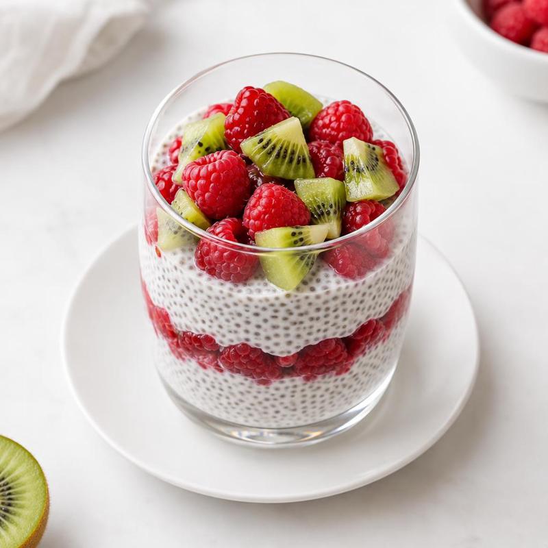 Pudding chia przekładany malinami, udekorowany kawałkami kiwi