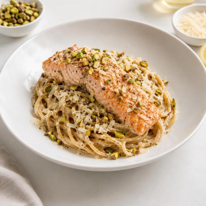 Spaghetti z łososiem w sosie parmezanowym z pistacjami