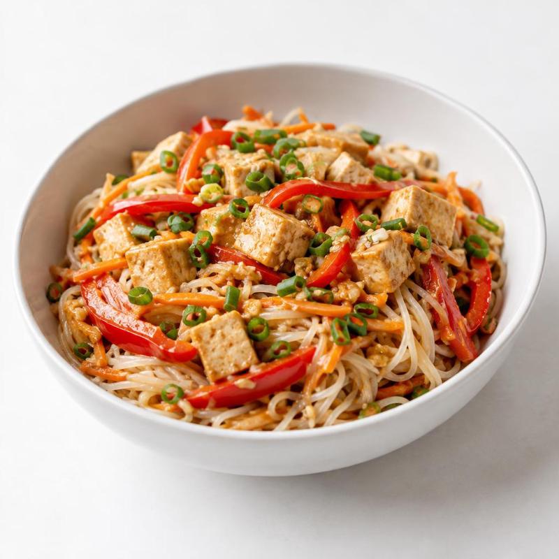 Makaron ryżowy z tofu w sosie orzechowo-sojowym