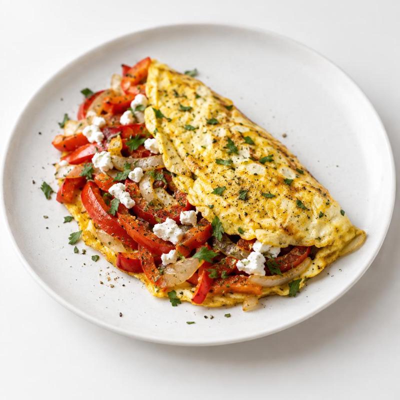 Omlet na podsmażonej papryce i cebuli z dodatkiem fety