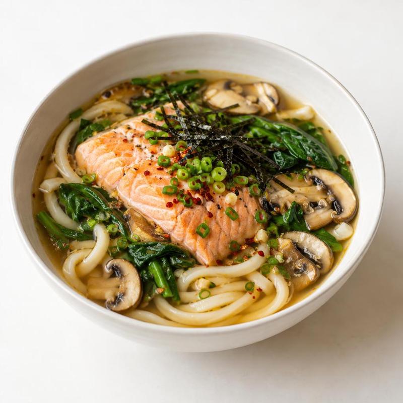 Zupa udon z łososiem w imbirowym bulionie