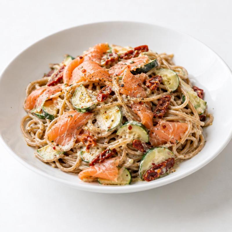 Spaghetti z wędzonym łososiem w sosie śmietanowym
