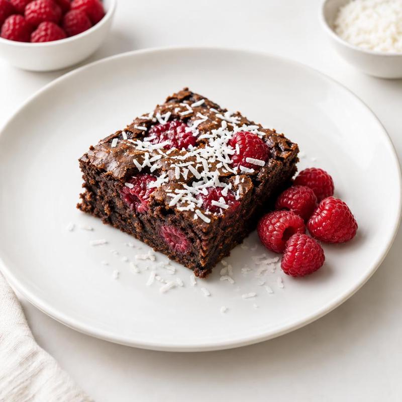 Brownie na maśle z malinami i wiórkami kokosa