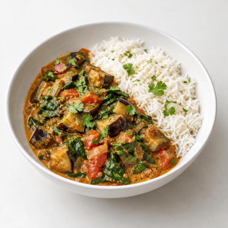 Curry bakłażanowo-szpinakowe z imbirem i ryżem basmati