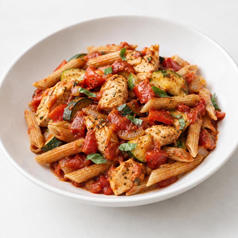 Penne z kurczakiem, cukinią i sosem pomidorowo-bazyliowym
